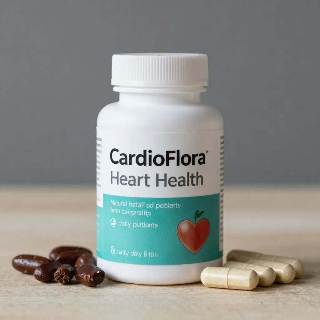 CardioFlora dietary supplement bottle containing natural ingredients for heart health and daily vitality support